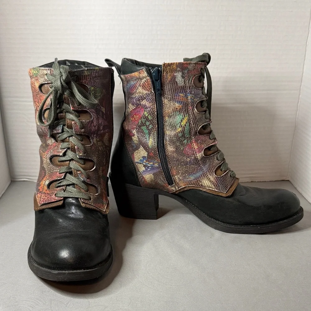 Portofino Boho Chic Artsy Lace Up Bootie Sz 40 Abstract Floral Side Zip European